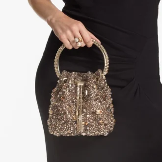 Bolso Bon Bon Tan de malla de cristal metalizada con asa de cristal