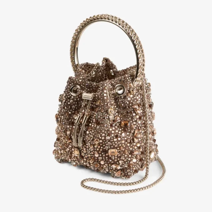 Bolso Bon Bon Tan de malla de cristal metalizada con asa de cristal Bolso Bon Bon Tan de malla de cristal metalizada con asa de cristal
