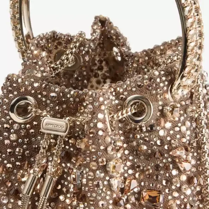 Bolso Bon Bon Tan de malla de cristal metalizada con asa de cristal Bolso Bon Bon Tan de malla de cristal metalizada con asa de cristal