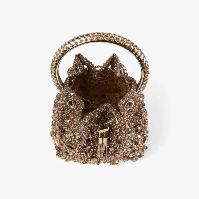 Bolso Bon Bon Tan de malla de cristal metalizada con asa de cristal Bolso Bon Bon Tan de malla de cristal metalizada con asa de cristal