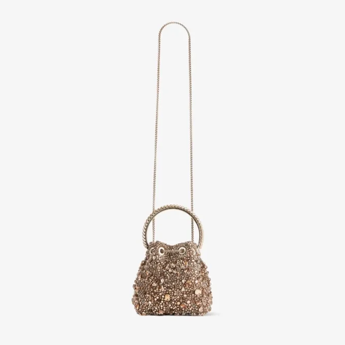 Bolso Bon Bon Tan de malla de cristal metalizada con asa de cristal Bolso Bon Bon Tan de malla de cristal metalizada con asa de cristal