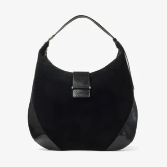 Bolso de hombro Bar Hobo grande de ante negro con ribetes de piel estampada de serpiente brillante