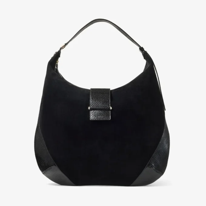 Bolso de hombro Bar Hobo grande de ante negro con ribetes de piel estampada de serpiente brillante Bolso de hombro Bar Hobo grande de ante negro con ribetes de piel estampada de serpiente brillante