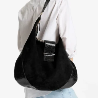 Bolso de hombro Bar Hobo grande de ante negro con ribetes de piel estampada de serpiente brillante