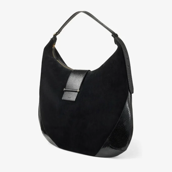 Bolso de hombro Bar Hobo grande de ante negro con ribetes de piel estampada de serpiente brillante Bolso de hombro Bar Hobo grande de ante negro con ribetes de piel estampada de serpiente brillante