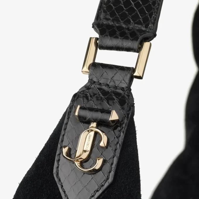 Bolso de hombro Bar Hobo grande de ante negro con ribetes de piel estampada de serpiente brillante Bolso de hombro Bar Hobo grande de ante negro con ribetes de piel estampada de serpiente brillante