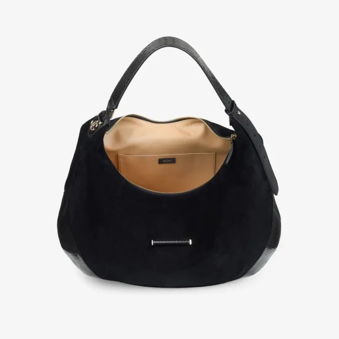 Bolso de hombro Bar Hobo grande de ante negro con ribetes de piel estampada de serpiente brillante Bolso de hombro Bar Hobo grande de ante negro con ribetes de piel estampada de serpiente brillante
