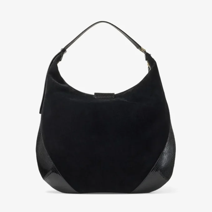 Bolso de hombro Bar Hobo grande de ante negro con ribetes de piel estampada de serpiente brillante Bolso de hombro Bar Hobo grande de ante negro con ribetes de piel estampada de serpiente brillante
