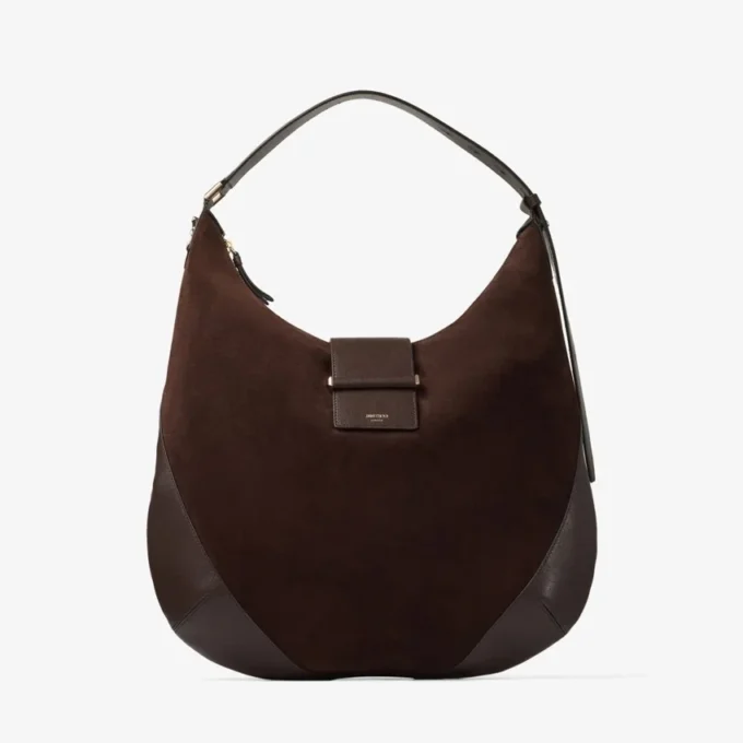 Bolso de hombro Bar Hobo M de ante color chocolate con ribetes de piel Bolso de hombro Bar Hobo M de ante color chocolate con ribetes de piel