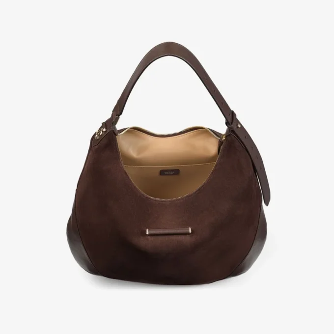 Bolso de hombro Bar Hobo M de ante color chocolate con ribetes de piel Bolso de hombro Bar Hobo M de ante color chocolate con ribetes de piel