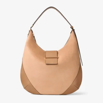 Bolso de hombro Bar Hobo M de ante color toffee con ribetes de cuero Biker