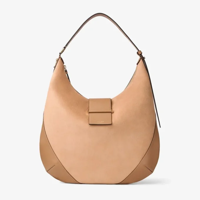 Bolso de hombro Bar Hobo M de ante color toffee con ribetes de cuero Biker