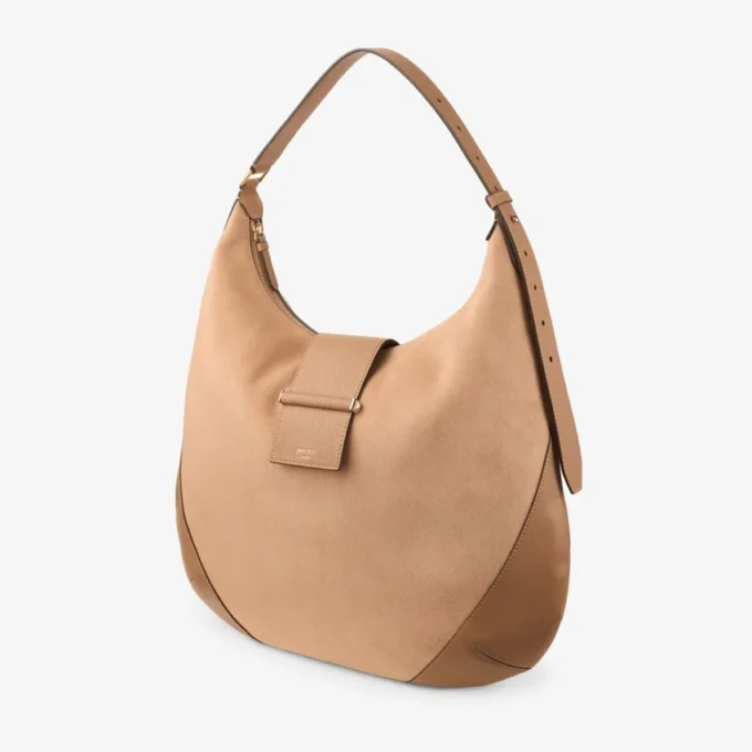 Bolso de hombro Bar Hobo M de ante color toffee con ribetes de cuero Biker