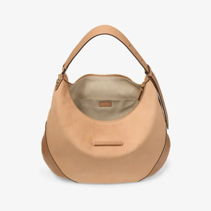 Bolso de hombro Bar Hobo M de ante color toffee con ribetes de cuero Biker