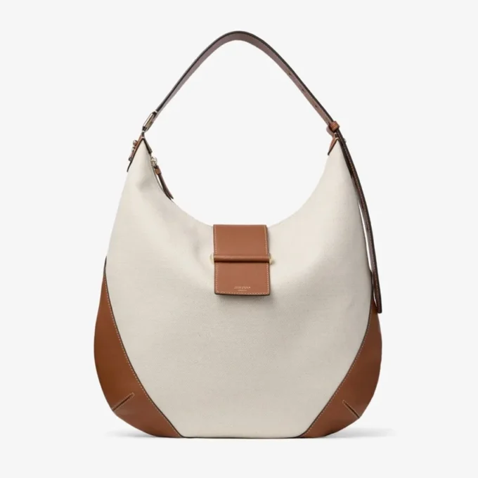 Bolso de hombro Bar Hobo mediano de lona reciclada en color natural y marrón claro con ribetes de cuero Biker Bolso de hombro Bar Hobo mediano de lona reciclada en color natural y marrón claro con ribetes de cuero Biker