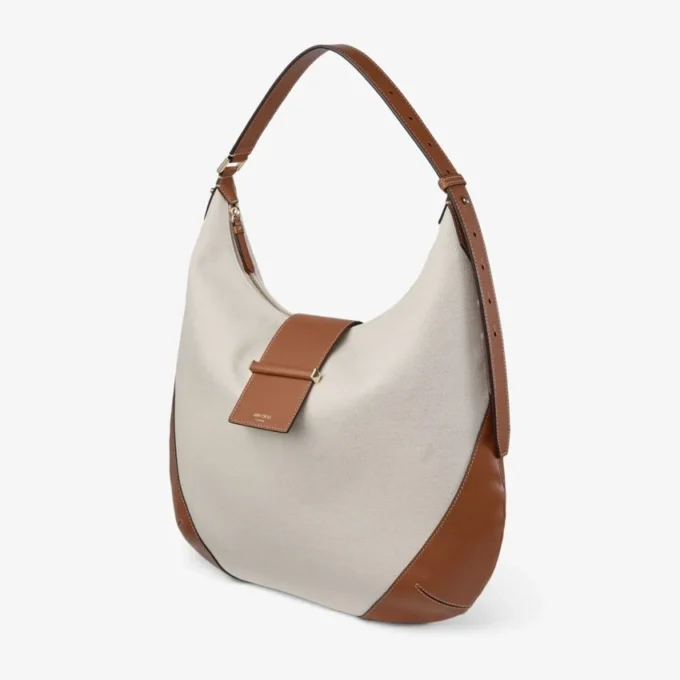 Bolso de hombro Bar Hobo mediano de lona reciclada en color natural y marrón claro con ribetes de cuero Biker Bolso de hombro Bar Hobo mediano de lona reciclada en color natural y marrón claro con ribetes de cuero Biker