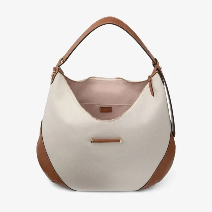 Bolso de hombro Bar Hobo mediano de lona reciclada en color natural y marrón claro con ribetes de cuero Biker Bolso de hombro Bar Hobo mediano de lona reciclada en color natural y marrón claro con ribetes de cuero Biker