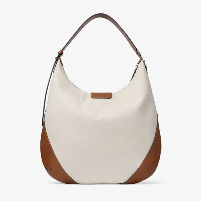 Bolso de hombro Bar Hobo mediano de lona reciclada en color natural y marrón claro con ribetes de cuero Biker Bolso de hombro Bar Hobo mediano de lona reciclada en color natural y marrón claro con ribetes de cuero Biker
