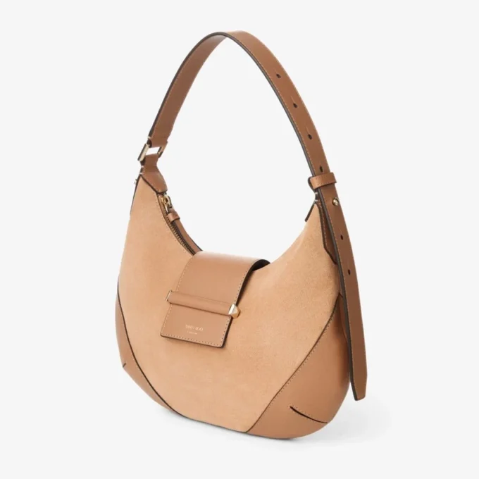 Bolso de hombro Bar Hobo pequeño de ante color toffee con ribetes de cuero Biker