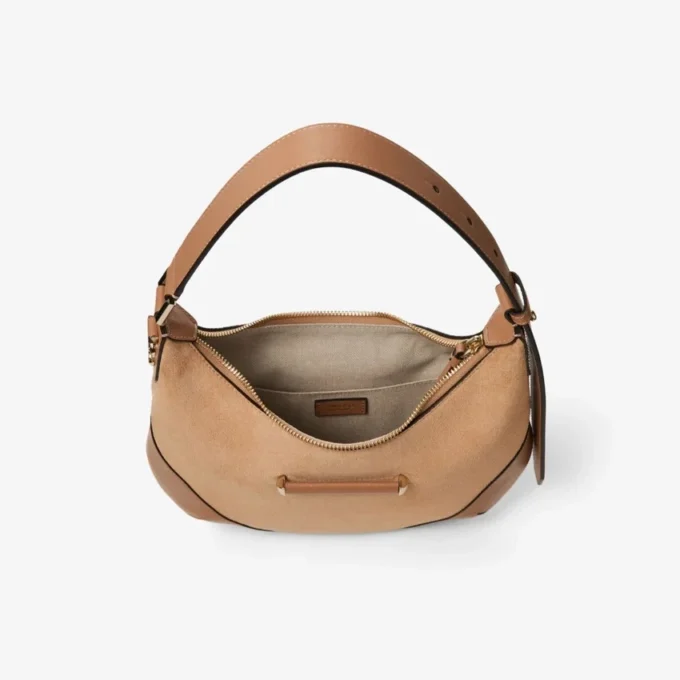 Bolso de hombro Bar Hobo pequeño de ante color toffee con ribetes de cuero Biker