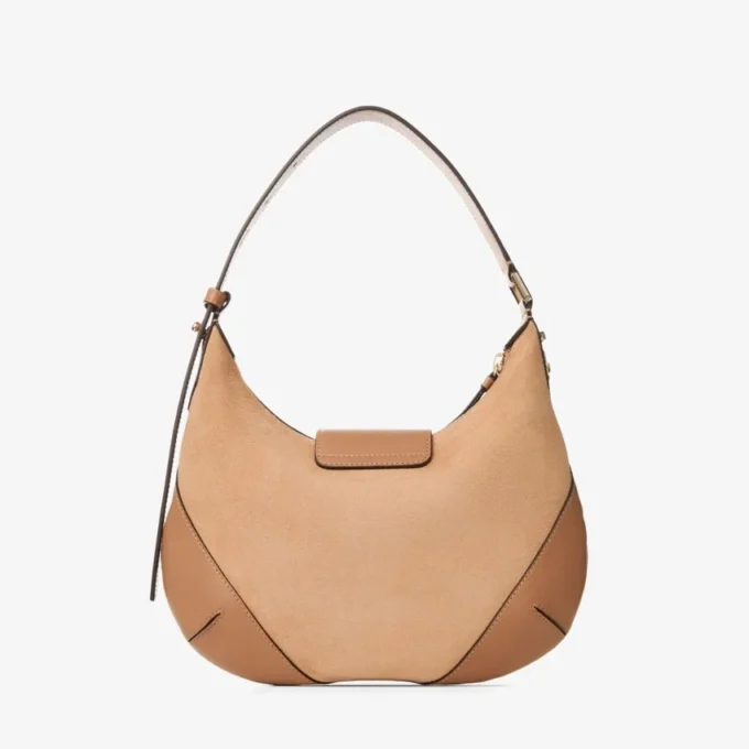 Bolso de hombro Bar Hobo pequeño de ante color toffee con ribetes de cuero Biker