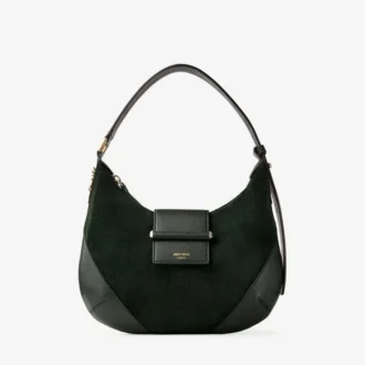 Bolso de hombro Bar Hobo pequeño de ante verde británico con ribetes de cuero Biker
