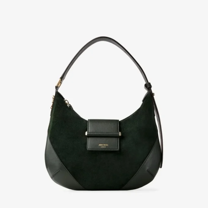 Bolso de hombro Bar Hobo pequeño de ante verde británico con ribetes de cuero Biker Bolso de hombro Bar Hobo pequeño de ante verde británico con ribetes de cuero Biker