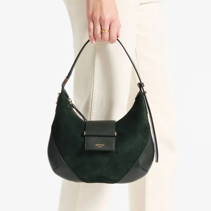 Bolso de hombro Bar Hobo pequeño de ante verde británico con ribetes de cuero Biker Bolso de hombro Bar Hobo pequeño de ante verde británico con ribetes de cuero Biker