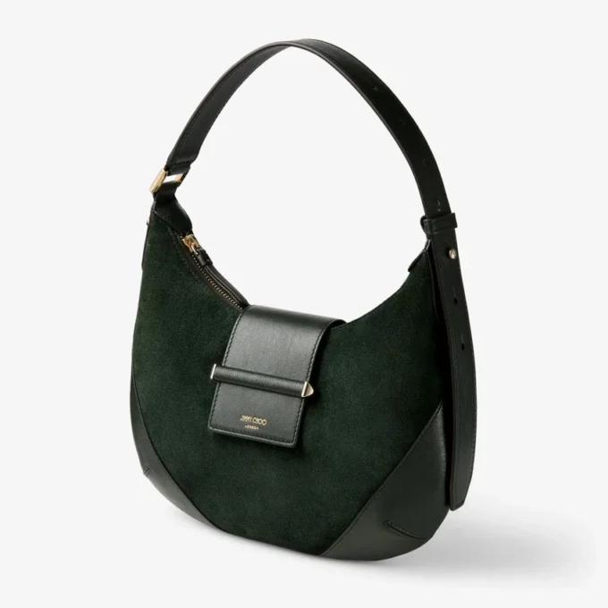 Bolso de hombro Bar Hobo pequeño de ante verde británico con ribetes de cuero Biker Bolso de hombro Bar Hobo pequeño de ante verde británico con ribetes de cuero Biker