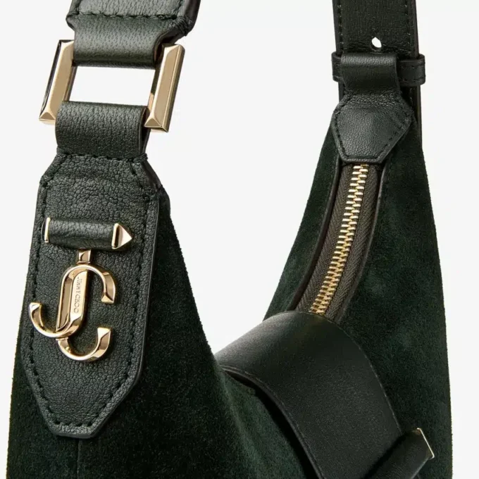 Bolso de hombro Bar Hobo pequeño de ante verde británico con ribetes de cuero Biker Bolso de hombro Bar Hobo pequeño de ante verde británico con ribetes de cuero Biker