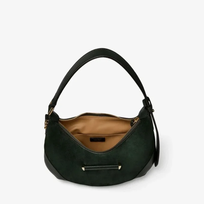 Bolso de hombro Bar Hobo pequeño de ante verde británico con ribetes de cuero Biker Bolso de hombro Bar Hobo pequeño de ante verde británico con ribetes de cuero Biker