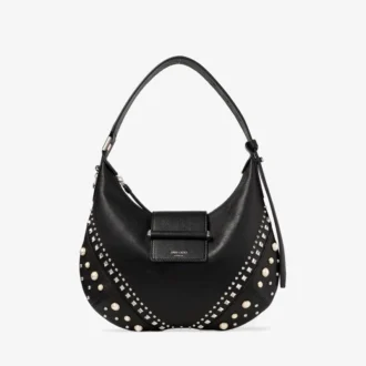 Bolso de hombro Bar Hobo pequeño de cuero Biker negro con tachuelas de perlas