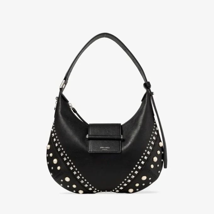 Bolso de hombro Bar Hobo pequeño de cuero Biker negro con tachuelas de perlas