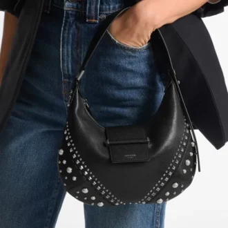 Bolso de hombro Bar Hobo pequeño de cuero Biker negro con tachuelas de perlas