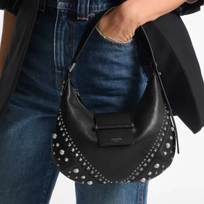 Bolso de hombro Bar Hobo pequeño de cuero Biker negro con tachuelas de perlas