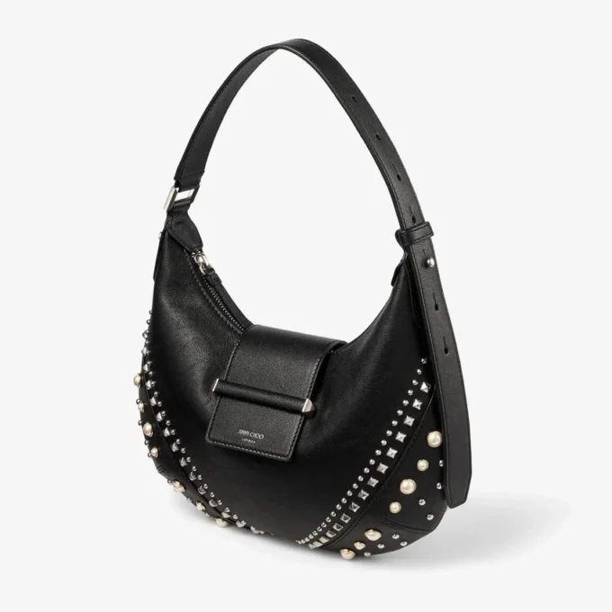 Bolso de hombro Bar Hobo pequeño de cuero Biker negro con tachuelas de perlas