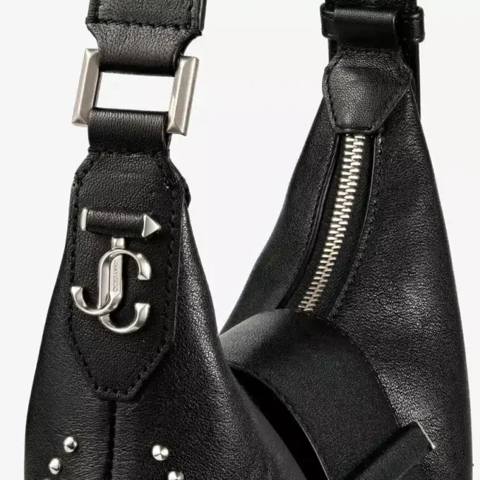 Bolso de hombro Bar Hobo pequeño de cuero Biker negro con tachuelas de perlas
