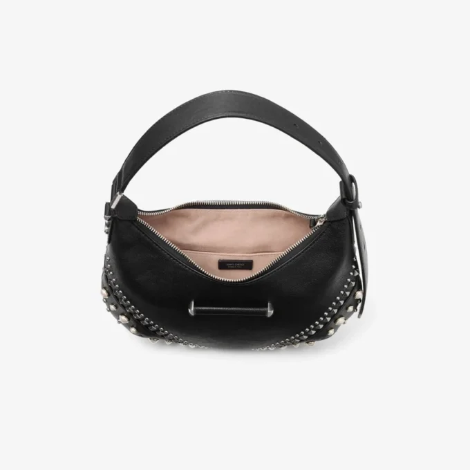 Bolso de hombro Bar Hobo pequeño de cuero Biker negro con tachuelas de perlas