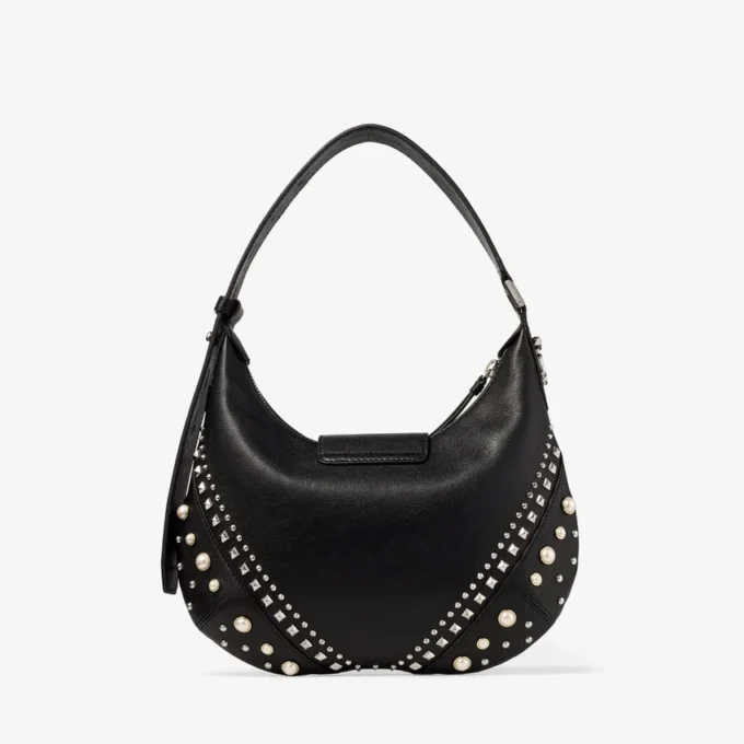 Bolso de hombro Bar Hobo pequeño de cuero Biker negro con tachuelas de perlas