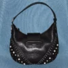 Bolso de hombro Bar Hobo pequeño de cuero Biker negro con tachuelas de perlas