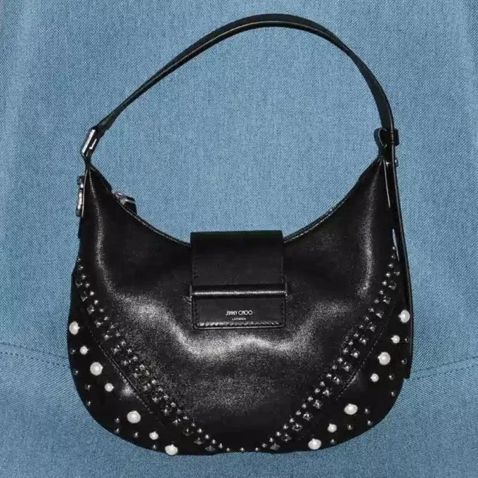 Bolso de hombro Bar Hobo pequeño de cuero Biker negro con tachuelas de perlas