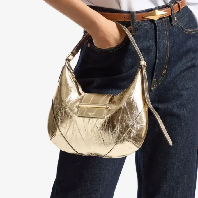 Bolso de hombro Bar Hobo pequeño de piel metalizada dorada vintage Bolso de hombro Bar Hobo pequeño de piel metalizada dorada vintage