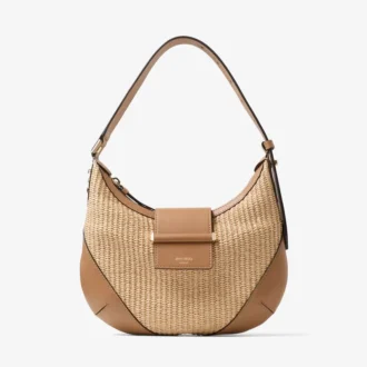 Bolso de hombro Bar Hobo pequeño de rafia natural y color toffee con ribetes de piel de becerro lisa