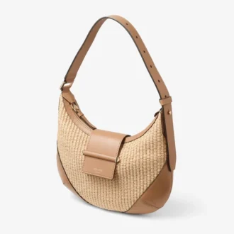 Bolso de hombro Bar Hobo pequeño de rafia natural y color toffee con ribetes de piel de becerro lisa