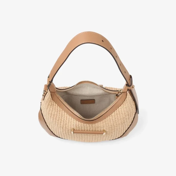 Bolso de hombro Bar Hobo pequeño de rafia natural y color toffee con ribetes de piel de becerro lisa Bolso de hombro Bar Hobo pequeño de rafia natural y color toffee con ribetes de piel de becerro lisa