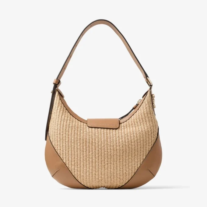 Bolso de hombro Bar Hobo pequeño de rafia natural y color toffee con ribetes de piel de becerro lisa Bolso de hombro Bar Hobo pequeño de rafia natural y color toffee con ribetes de piel de becerro lisa