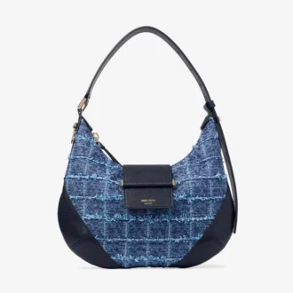Bolso de hombro Bar Hobo pequeño en tejido vaquero azul marino con diseño de rayas cruzadas y ribetes de cuero estilo Biker