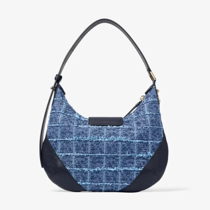 Bolso de hombro Bar Hobo pequeño en tejido vaquero azul marino con diseño de rayas cruzadas y ribetes de cuero estilo Biker Bolso de hombro Bar Hobo pequeño en tejido vaquero azul marino con diseño de rayas cruzadas y ribetes de cuero estilo Biker
