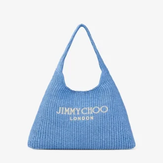 Bolso de hombro Beach Diamond Hobo grande en rafia azul océano y crudo