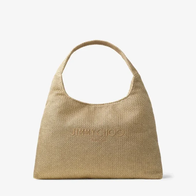 Bolso de hombro Beach Diamond Hobo grande en rafia metalizada dorada y capuchino oscuro